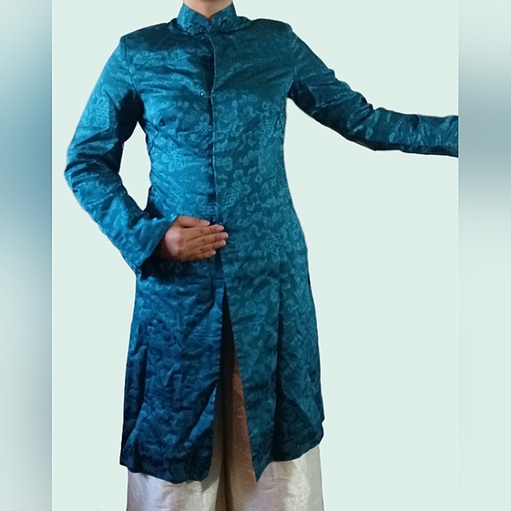 Teal Blue Silky Oriental Overcoat